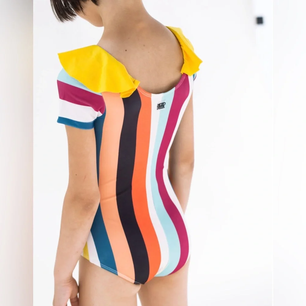 Girls' Multicolor Striped One-Piece Swimsuit with Yellow Peter Pan Collar